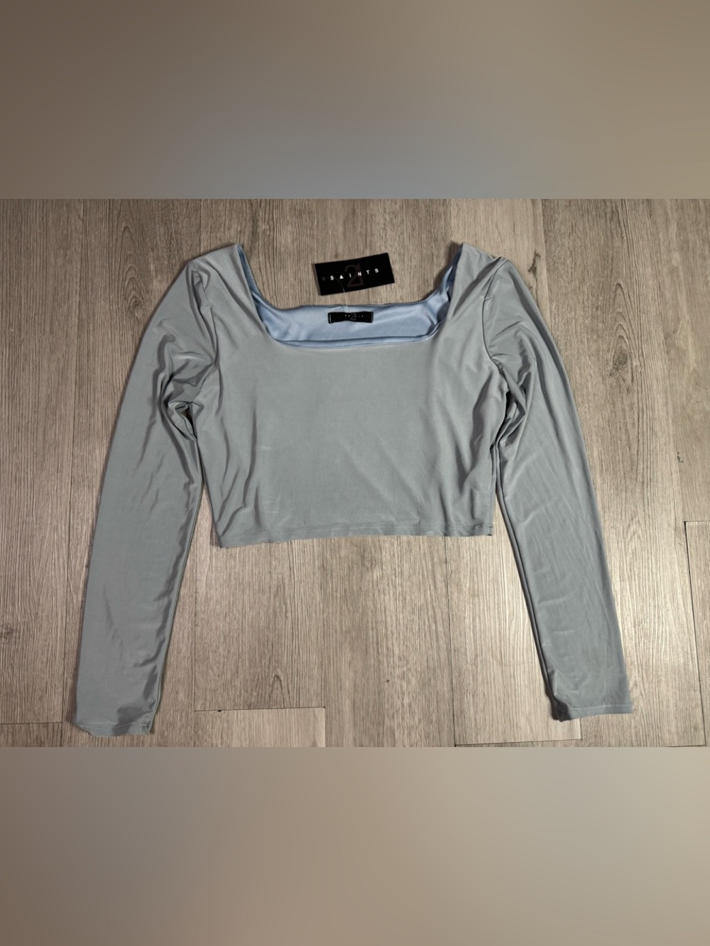 21 Saints Women’s Blue Gray Square Neck Crop Top Long Sleeve Size L NWT